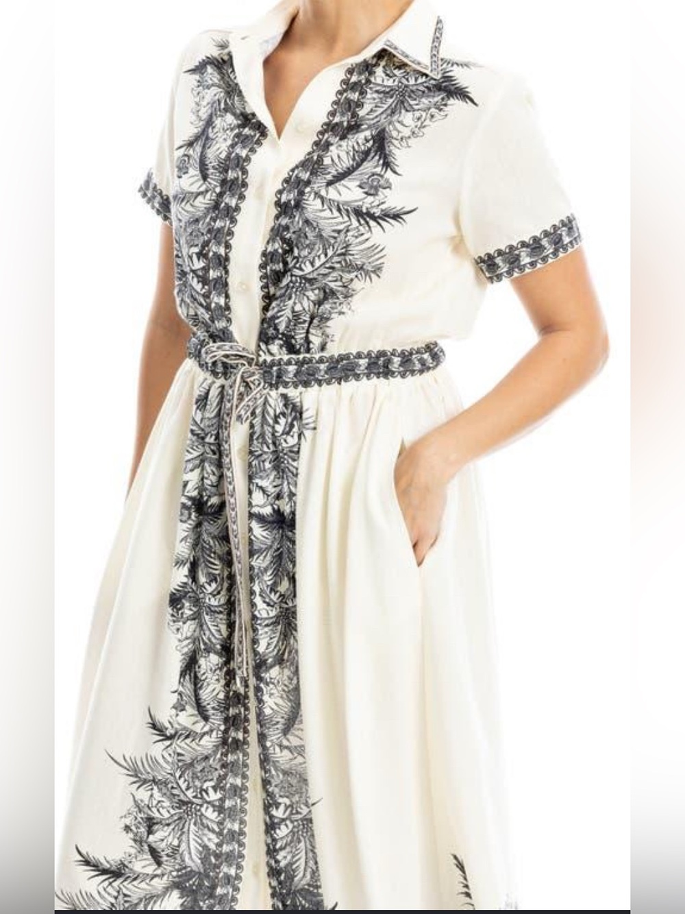 Max Studio Cream Midi Shirt Dress with Black Botanical Print